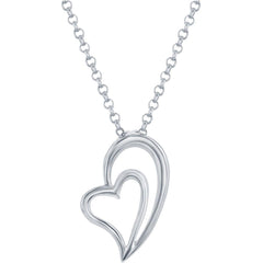 Classic Women's Pendant with Chain - Silver Heart Within Half a Heart Shape | J-2194