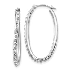 14k White Gold Diamond Fascination Oval Hinged Hoop Earrings
