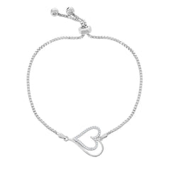 Sterling Silver Center Open CZ Heart and Beads Box Chain Bracelet