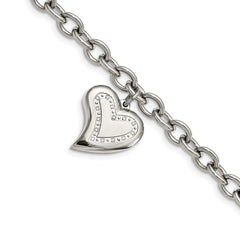 Stainless Steel CZ Heart Charm Fancy 7.5in Bracelet