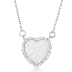 Sterling Silver White Inlay Opal Heart with CZ Border Necklace