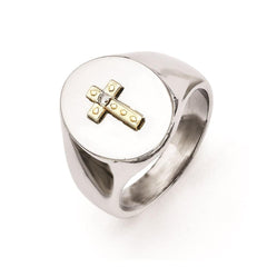 Stainless Steel with 10K Gold Cross and Diamond Polished Ring