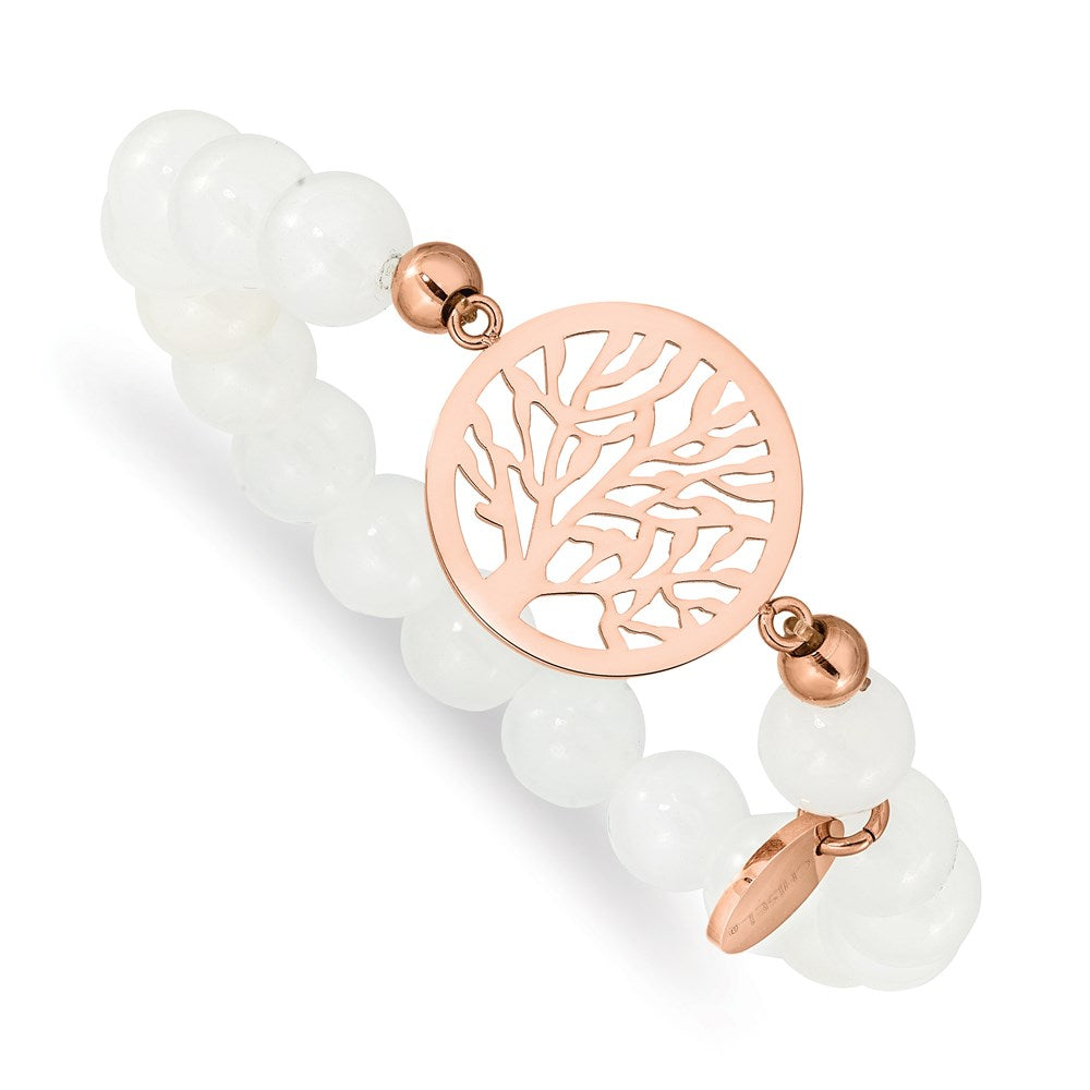 Chisel Stainless Steel Polished Rose IP-plated Tree White Jade Stretch Bracelet