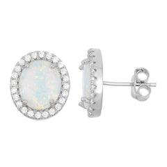 Sterling Silver White Inlay Opal Oval Stud Earrings