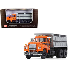 First Gear 1/64 Model Dump Truck - DCP Mack R Model Tandem Axle Orange and Grey