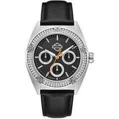 Harley Davidson Women's Crystal Watch - Quartz Black Leather Strap | 76N102