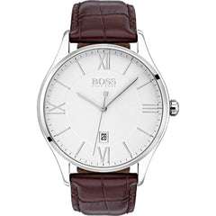 Hugo Boss Men's Quartz Watch - Governor White Dial Brown Leather Strap | 1513555