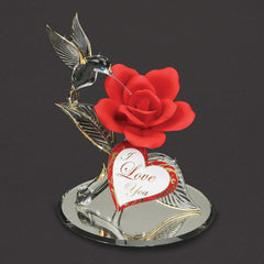 I Love You Hummingbird & Red Rose Glass Figurine