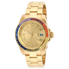 Invicta 20022 Women's Angel Crystal Accented Bezel Gold Dial Yellow Gold Steel Bracelet Dive Watch