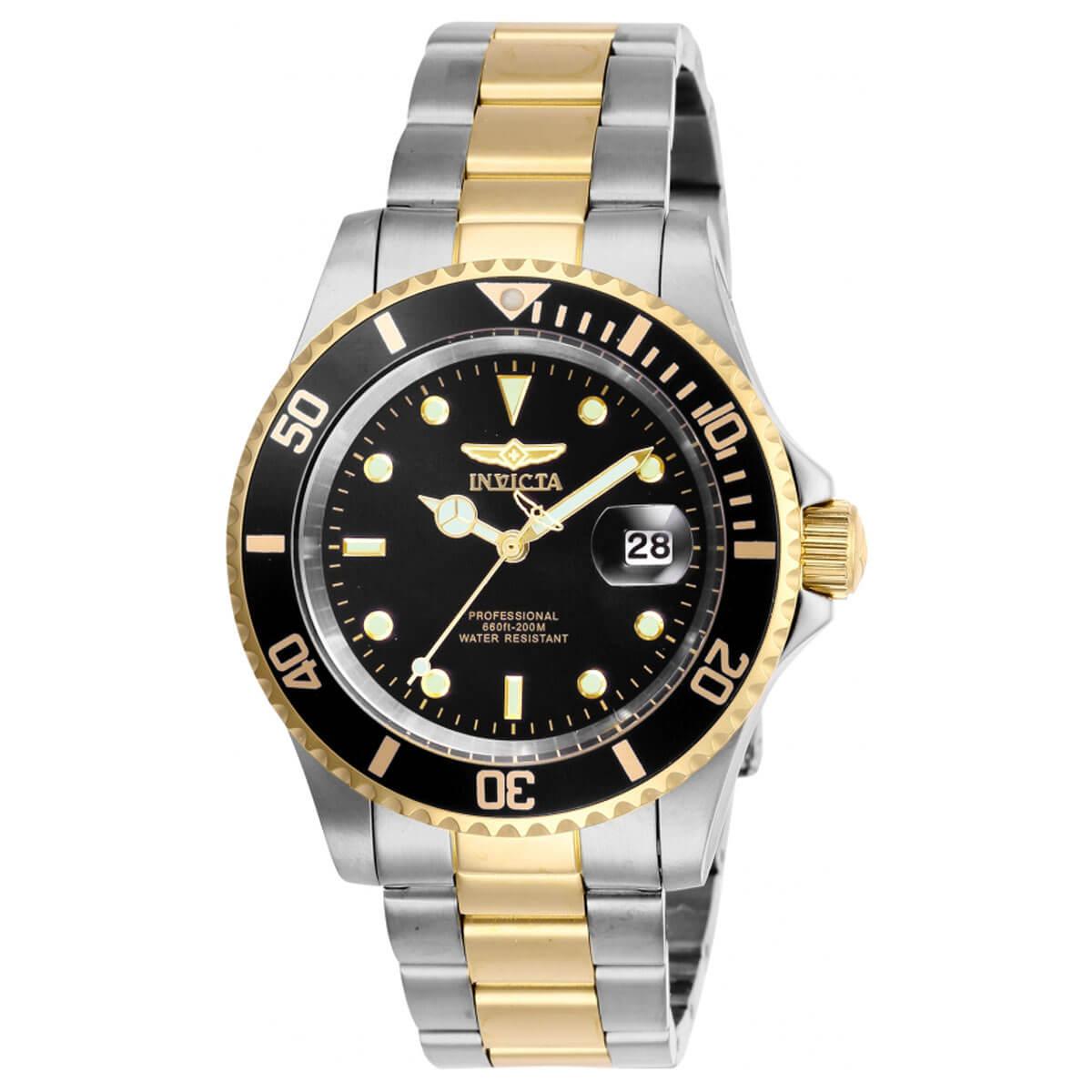 Invicta Men's Quartz Watch - Pro Diver Black Dial Two Tone Bracelet | 26973