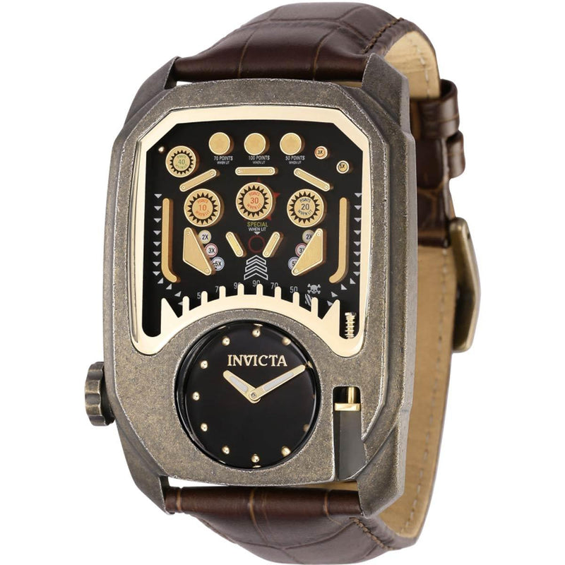 Invicta Men's Watch - Cuadro Pinball Game Black and Gold Dial Brown St