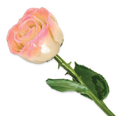 Lacquer Dipped Natural White/Pink Rose w/Green Leaves & Stem