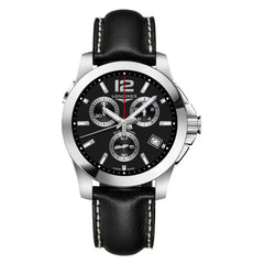 Longines Men's Watch - Conquest Chronograph Black and Silver Dial Strap | L37024563