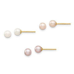 Madi K Kid's 14K  4-5mm White/Pink/Purple Round FWC Pearl Post Earrings Set