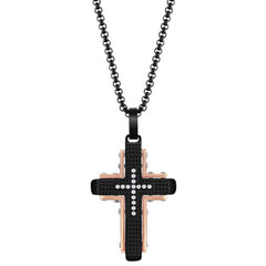 Men's Necklace - Black and Rose Stainless Steel CZ Cross Pendant | SL-7105