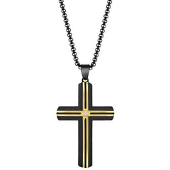 Men's Necklace - Stainless Steel Black and Gold Lined CZ Cross | SL-7129