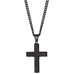 Men's Necklace - Stainless Steel Black and Lined Rose Gold Cross | SL-7118