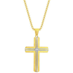 Men's Necklace - Stainless Steel Gold and Silver Lined CZ Cross | SL-7130