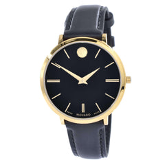 Movado 0607091 Women's Ultra Slim Yellow Gold Steel Black Leather Strap