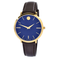 Movado 0607092 Women's Ultra Slim Swiss Yellow Gold Steel Chocolate Brown Strap Blue Dial Watch