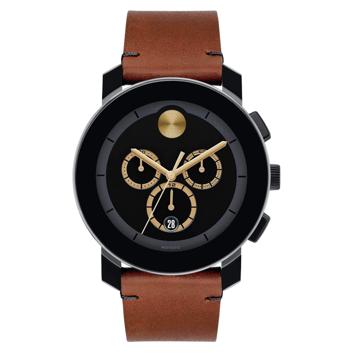 Movado Men's Chronograph Watch - Trend Black Dial Dark Brown Leather S