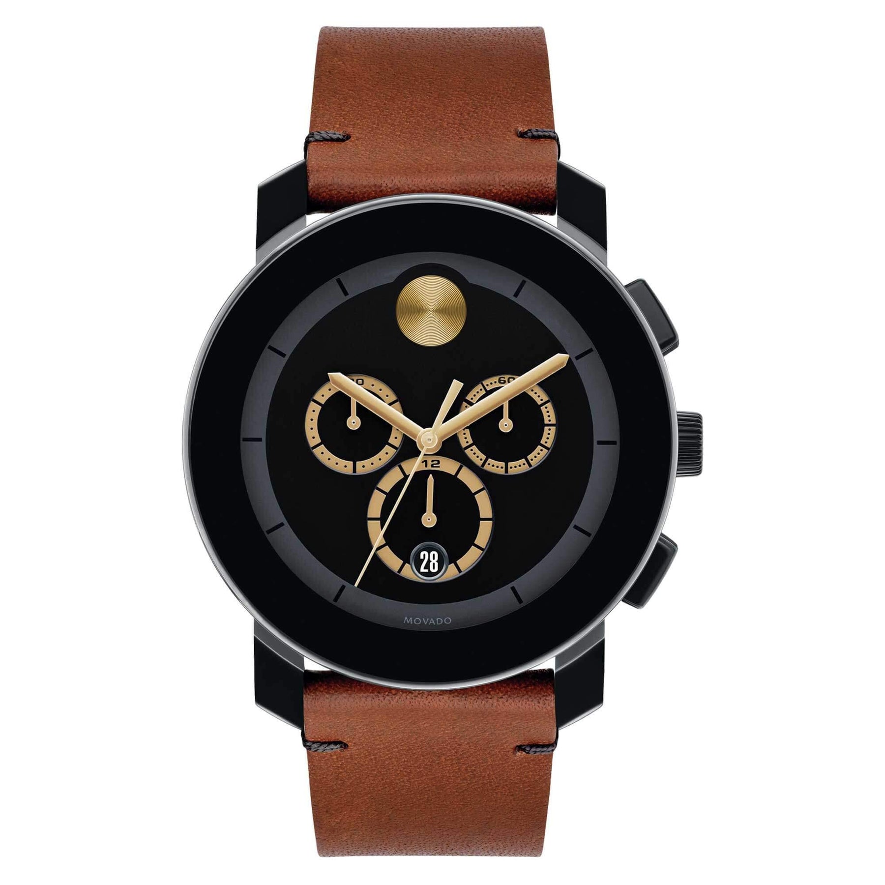 Movado Men's Chronograph Watch Trend Black Dial Dark Brown Leather Strap 3600540