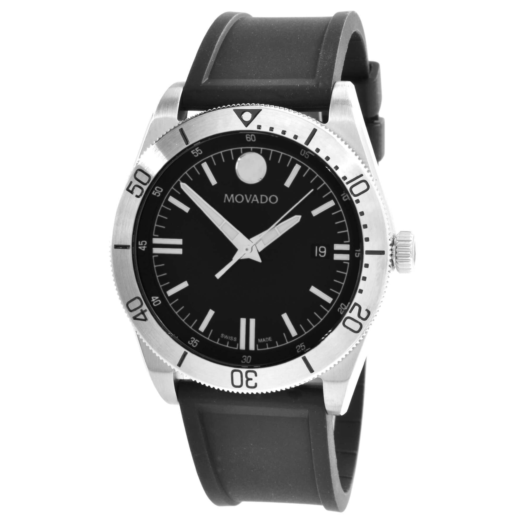 Movado Men's Quartz Watch - Sport Silver Tone Case Black Rubber