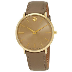 Movado Men's Quartz Watch - Ultra Slim Beige Dial Taupe Leather Strap | 0607375