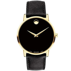 Movado Men's Swiss Quartz Watch - Museum Black Dial Genuine Leather Strap | 0607195