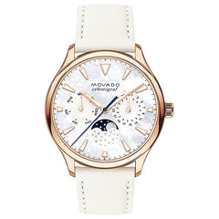 Movado Women's Moon Phase Watch - Heritage MOP Dial White Leather Strap | 3650073