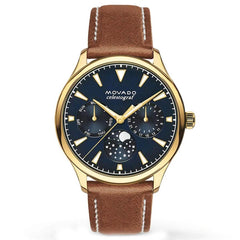 Movado Women's Moonphase Watch - Heritage Navy Yellow Gold Case Brown Strap | 3650010
