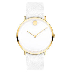 Movado Women's Quartz Watch - Modern 47 Yellow Gold Case White Leather Strap | 0607508