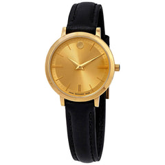 Movado Women's Quartz Watch - Ultra Slim Gold Tone Dial Black Leather Strap | 0607158