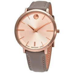 Movado Women's Quartz Watch - Ultra Slim Rose Gold Case Grey Leather Strap | 0607374