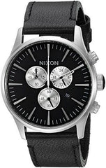 Nixon Men's Strap Watch - Sentry Chrono Leather Black & Silver Dial | A405000