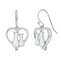 Women's Earrings - Sterling Silver Opal Cats in a Heart Post Back | D-8174