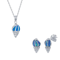 Women's Necklace and Earrings Set - Sterling Blue Opal Sea Shell | SET-572