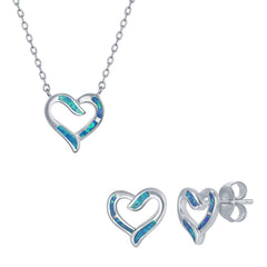 Women's Necklace and Earrings Set - Sterling Silver Blue Opal Heart | SET-575