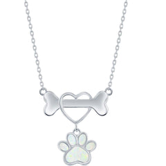 Women's Necklace - Sterling Dog Bone with Heart and White Opal Paw | M-6899