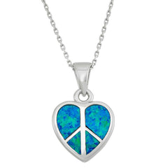 Women's Pendant Sterling Silver Blue Inlay Opal Peace Sign Heart | K-5241