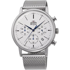 Orient Men's Chronograph Watch - Classic White Dial SS Mesh Bracelet | RA-KV0402S10B