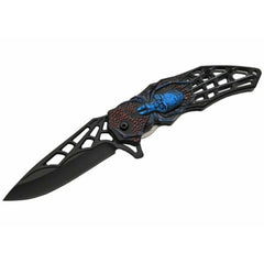 Rite Edge Folding Knife- 4.5 inch Black Blade Blue Web Skull Handle | SZ300451-BL
