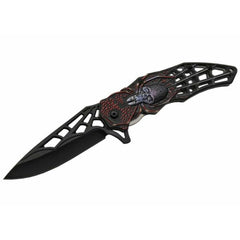 Rite Edge Folding Knife- 4.5 inch Black Blade Grey Web Skull Handle | SZ300451-GY