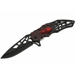 Rite Edge Folding Knife- 4.5 inch Black Blade Red Web Skull Handle | SZ300451-RD