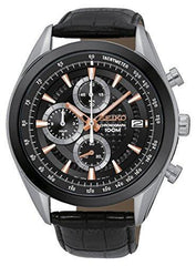 Seiko Chronograph SSB183 Black Dial Black Leather Band Men's Watch