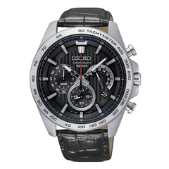 Seiko Men's Chronograph Watch - Black Dial Black Leather Strap | SSB305P1