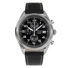 Seiko Men's Chronograph Watch - Black Dial Black Leather Strap Watch | SSB271P1