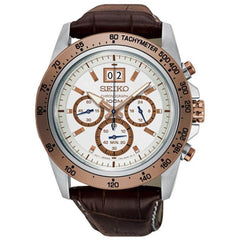Seiko Men's Chronograph Watch - Lord White and Rose Gold Dial Leather Strap | SPC246P1