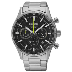 Seiko Men's Quartz Watch - Dress Chrono Black Dial Silver Steel Bracelet | SSB413P1