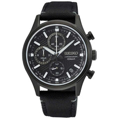 Seiko Men's Quartz Watch - Dress Chronograph Black Dial Nylon Strap Date | SSB421P1